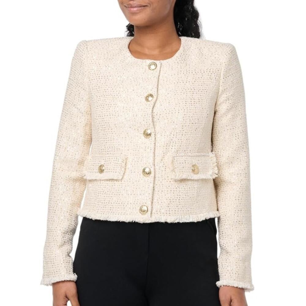 BCBGMAXAZRIA White Short Tweed Jacket Blazer Cream M
